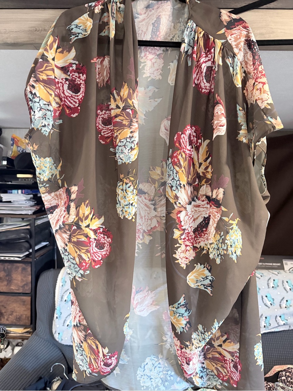 Olive Green Floral Sheer Kimono Cardigan